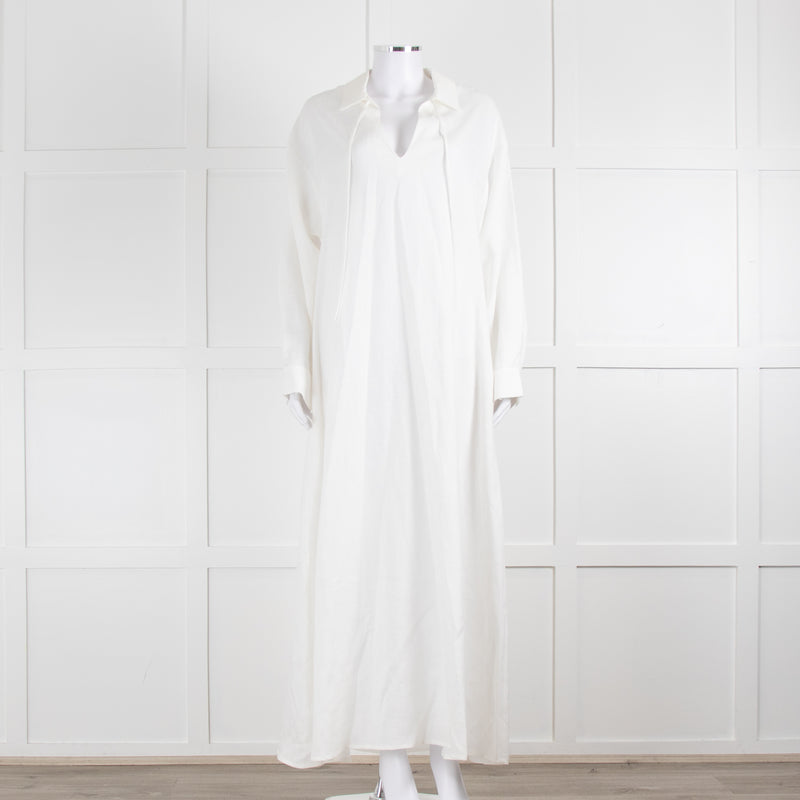 Asceno Cream Linen Tie Neck Maxi Cover Up Dress