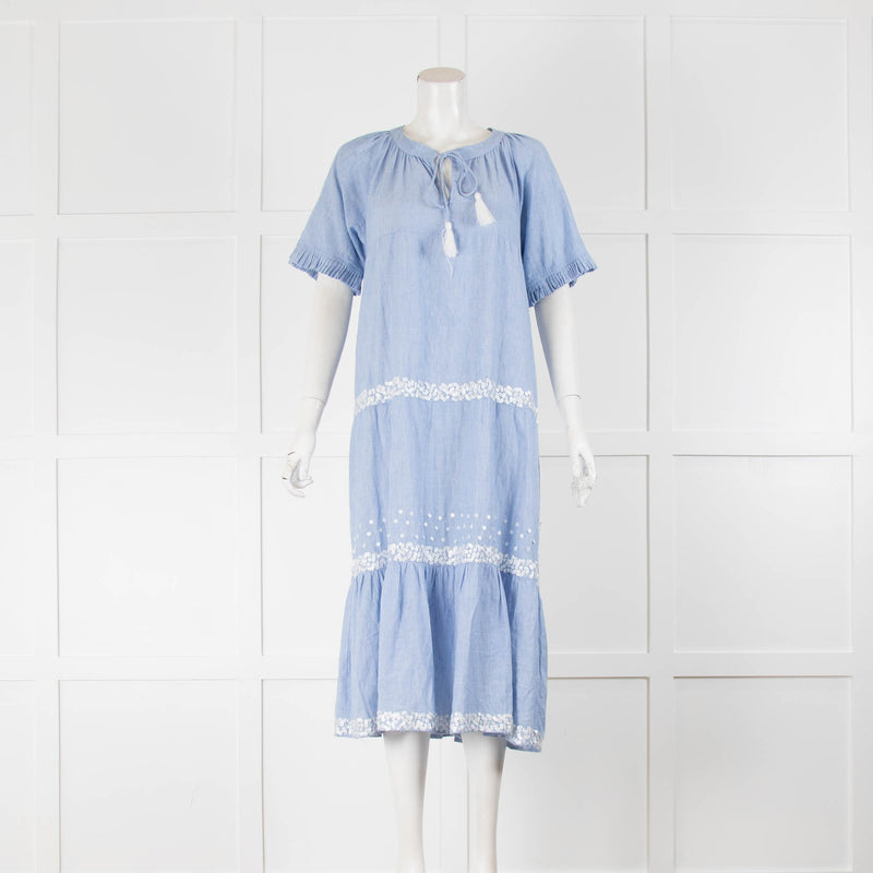 Rose And Rose Blue Cotton Sequin Detail Short Sleeve Dress
