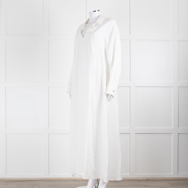 Asceno Cream Linen Tie Neck Maxi Cover Up Dress