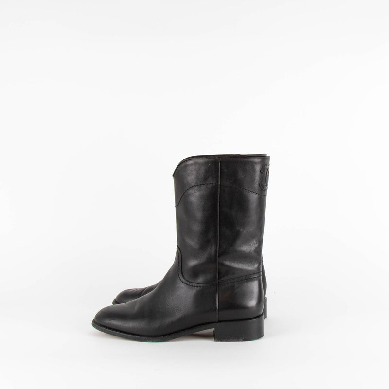 Chanel Black Leather Short Riding Style Boots with Logo Detailing