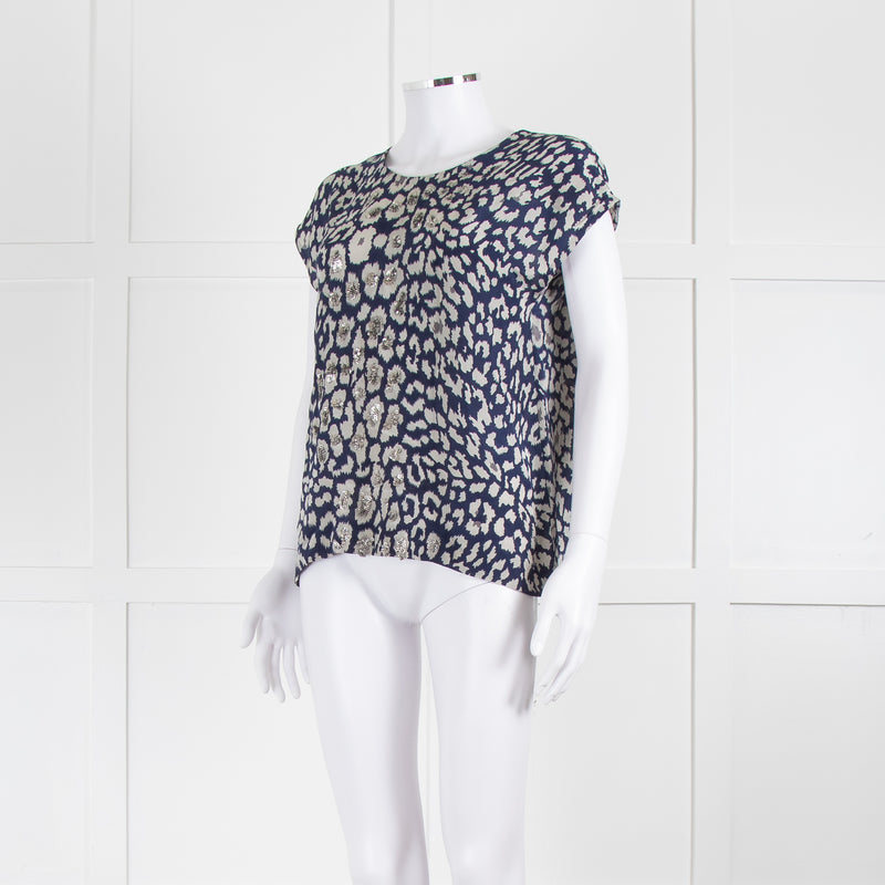 Mercy Delta Blue And Grey Silk Top With Silver Sequins