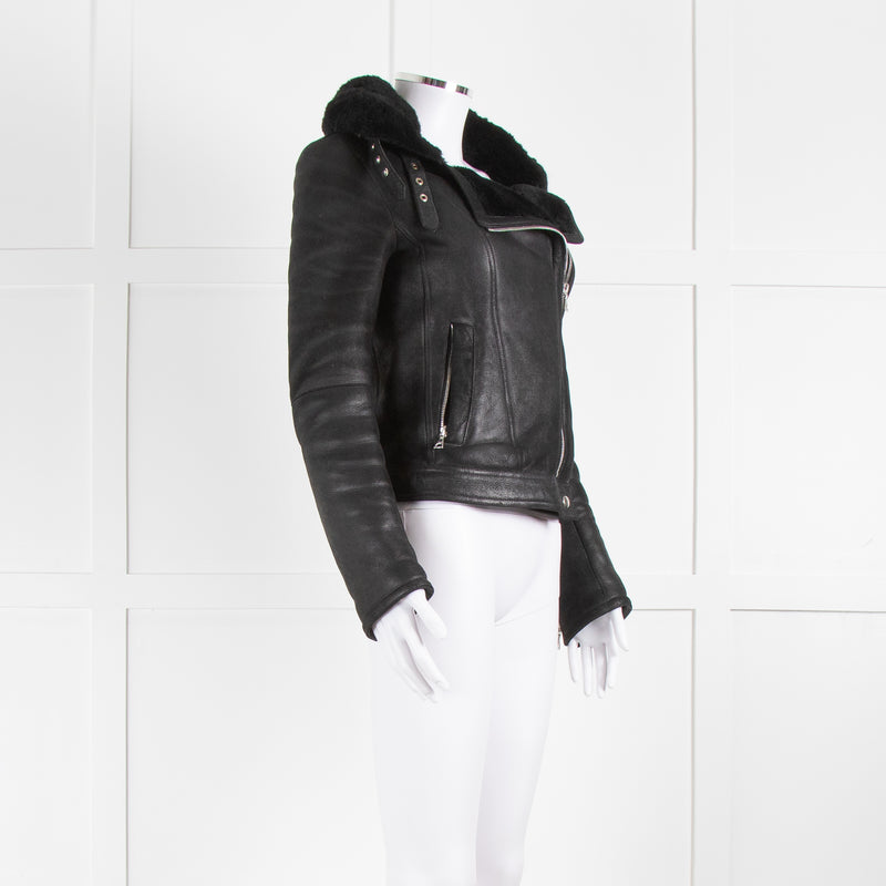 Theory Black Shearling Leather Biker Jacket