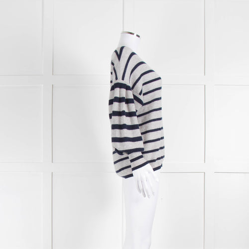 Autumn Cashmere Grey Navy Stripe Cashmere V Neck Jumper