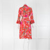Beulah Red Pink Botanical Print Tie Button Up Frill Trimmed Silk Midi Dress