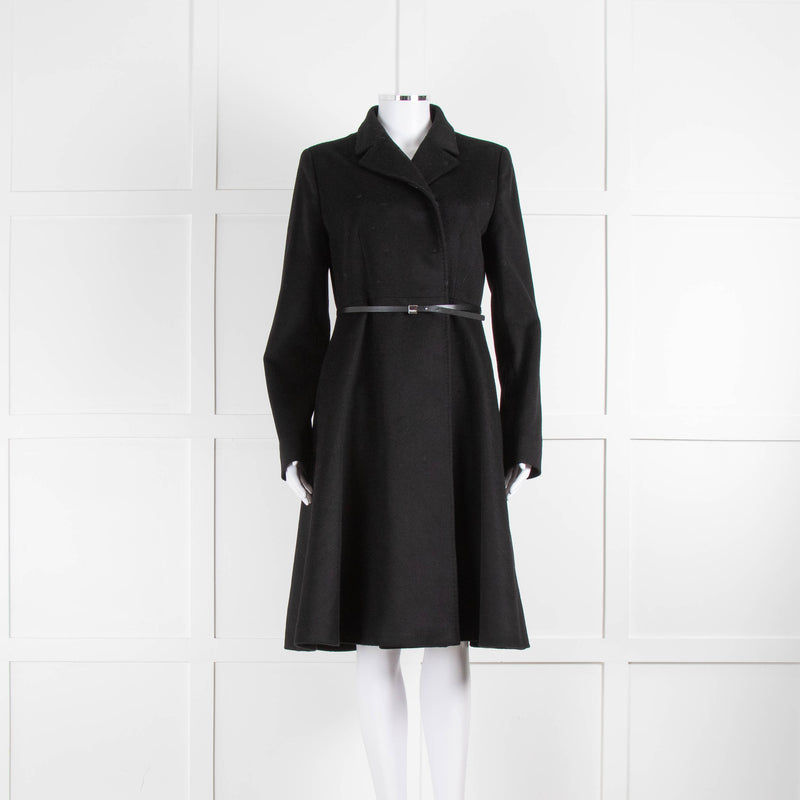 Max Mara Studio Black Wool Belted Fit And Flare Coat