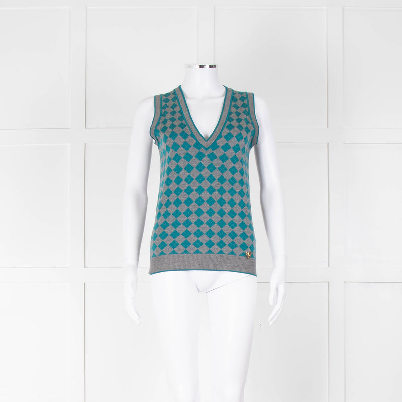 Gucci Grey Turquoise Argyle Sleeveless Sweater