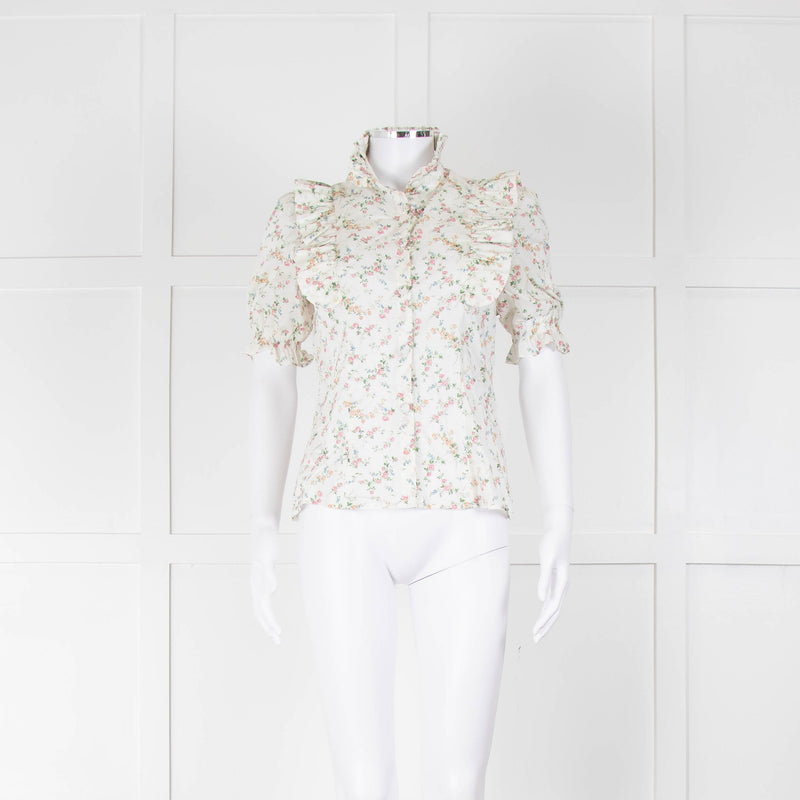 Ridley Cream Green Floral Cotton Frill Trim Puff Sleeve Top