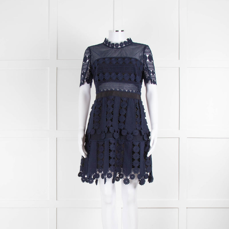 Self-Portrait Navy Blue Lace Short Sleeve Fitted Dress