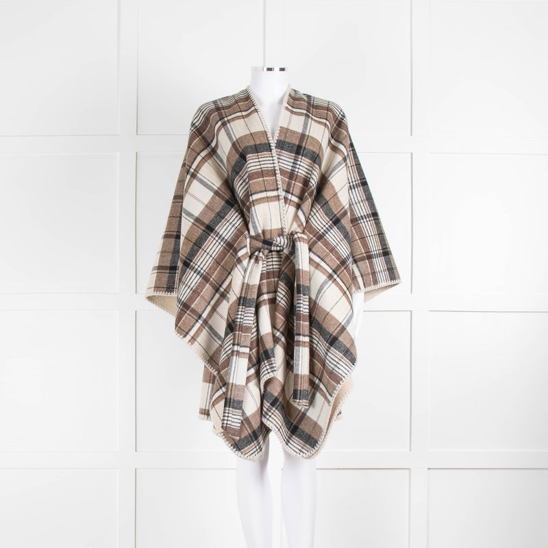 Weekend Max Mara Neutral Cream Brown Check Blanket Stitch Edged Cape