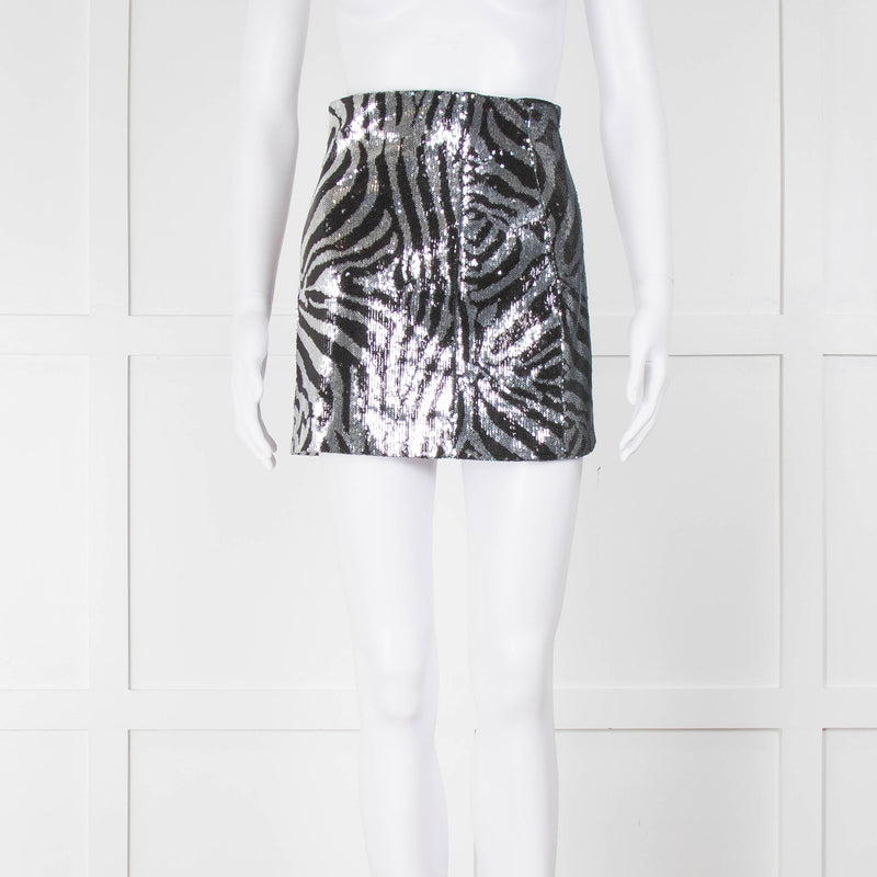 Halpern Silver Black Sequinned Zebra Mini Skirt