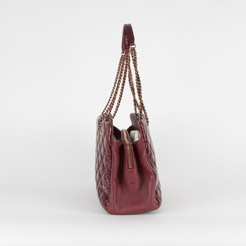 Chanel Wine Red Quilted Patent Leather CC Eyelet Tote Bag