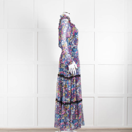 Ridley Blue Pink Lace Detail Elasticated Waist Silk Maxi Dress