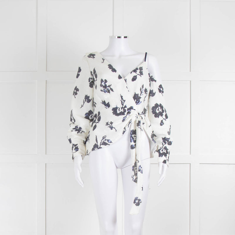 Self-Portrait White Navy Flower Sequin Asymmetric Wrap Top