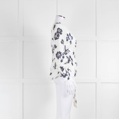 Self-Portrait White Navy Flower Sequin Asymmetric Wrap Top