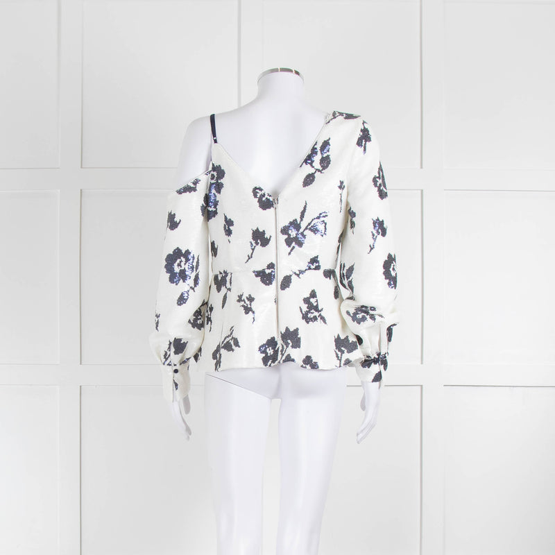 Self-Portrait White Navy Flower Sequin Asymmetric Wrap Top