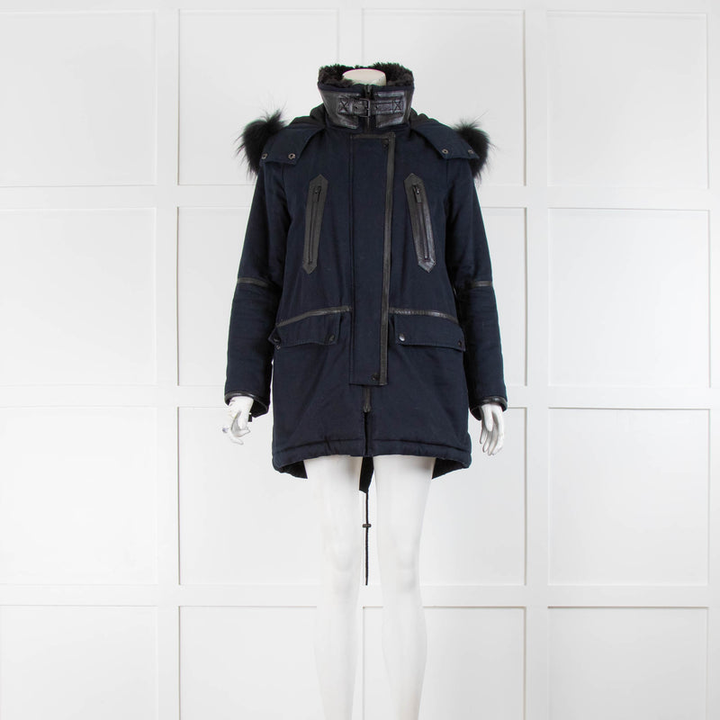 The Kooples Navy Blue Parka With Leather And Fur Trim