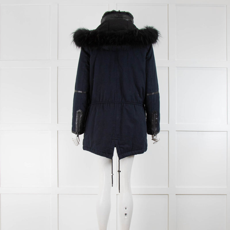 The Kooples Navy Blue Parka With Leather And Fur Trim