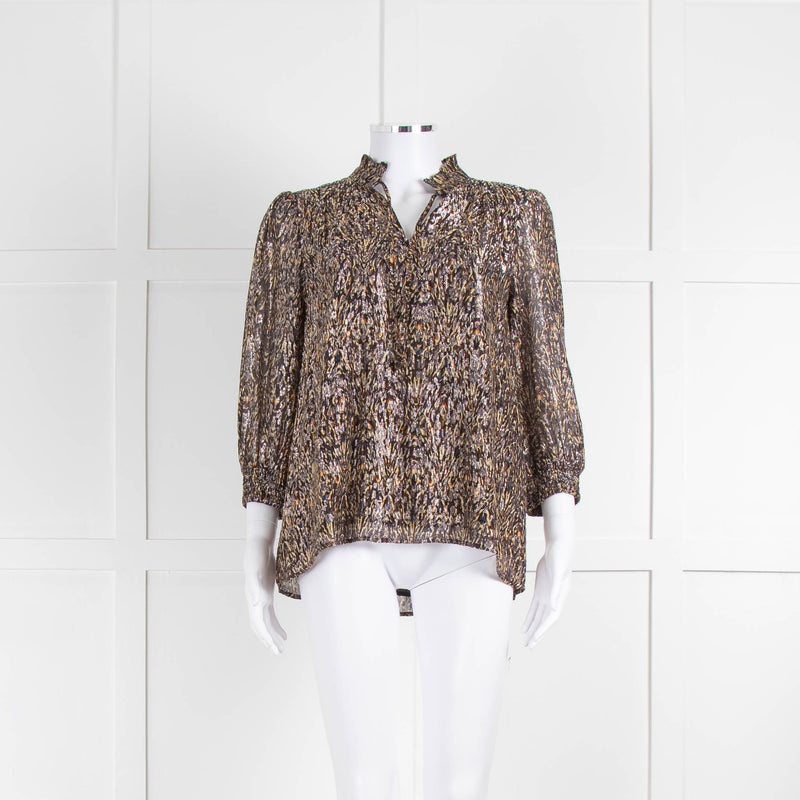 Ba&sh Black Brown Silver Lurex Tie Neck Top