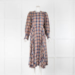 Doen Brown Blue Check Button Up Puff Sleeve Midi Dress