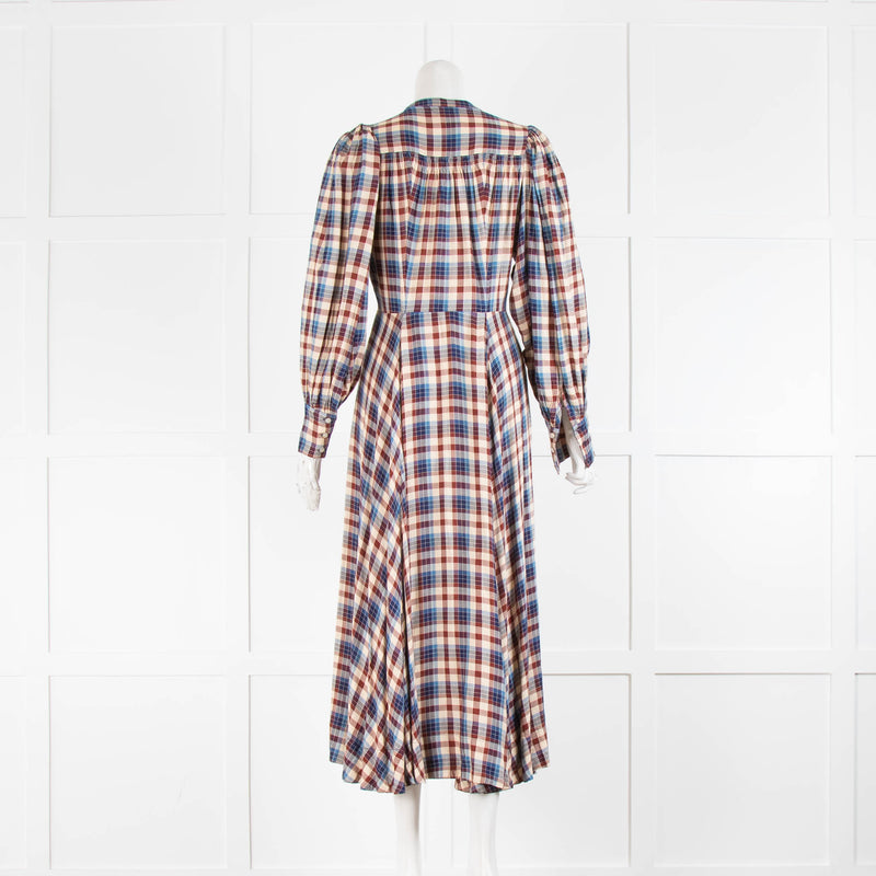 Doen Brown Blue Check Button Up Puff Sleeve Midi Dress