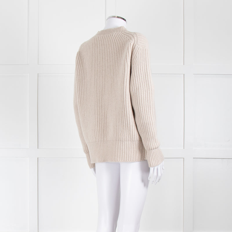 Navy Grey Oatmeal Wool Chunky Rib Round Neck Jumper