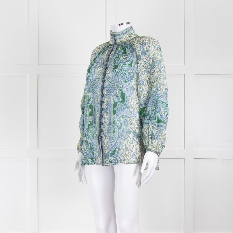 Zimmermann Blue and Green Paisley High Neck