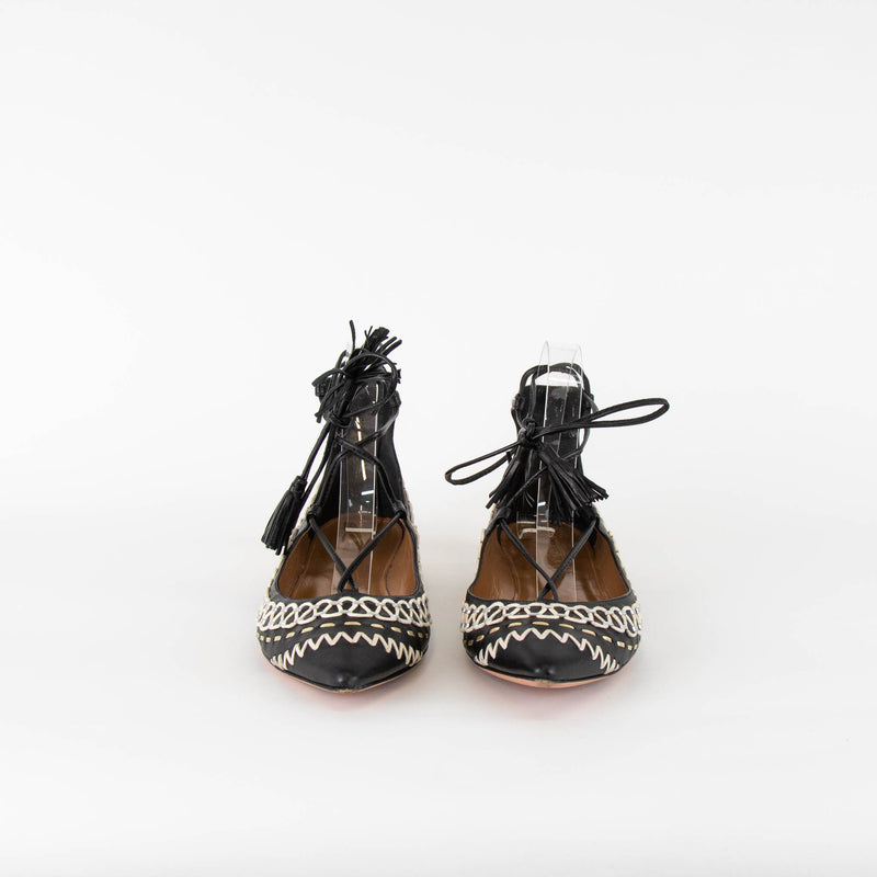 Aquazzura Black White Stitching Lace up Flat Pointy Shoes