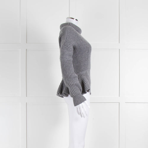 Alexander McQueen Grey Rib Knit Peplum Jumper