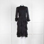 Saloni Black Satin Devoree Diamond Patterned Sheer Arms Dress