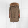 Popski London Khaki Parka With Detachable Lining And Fur Trim Hood