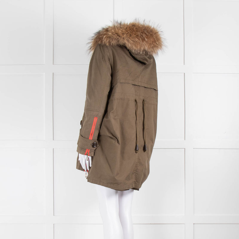 Popski London Khaki Parka With Detachable Lining And Fur Trim Hood