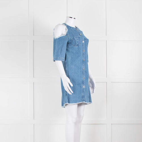 Maje Pale Blue Denim Dress With Frayed Cold Shoulders