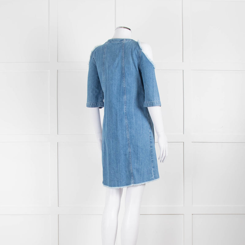 Maje Pale Blue Denim Dress With Frayed Cold Shoulders