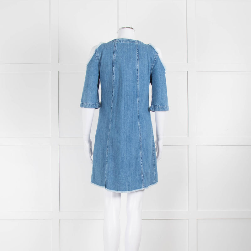 Maje Pale Blue Denim Dress With Frayed Cold Shoulders