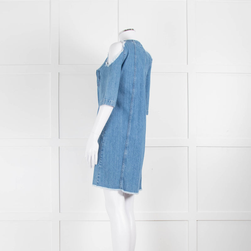 Maje Pale Blue Denim Dress With Frayed Cold Shoulders