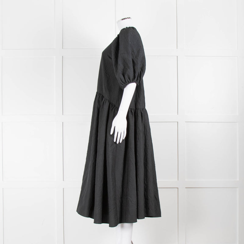 Stine Goya Black Crinkle Tiered Puff Sleeve Midi Dress