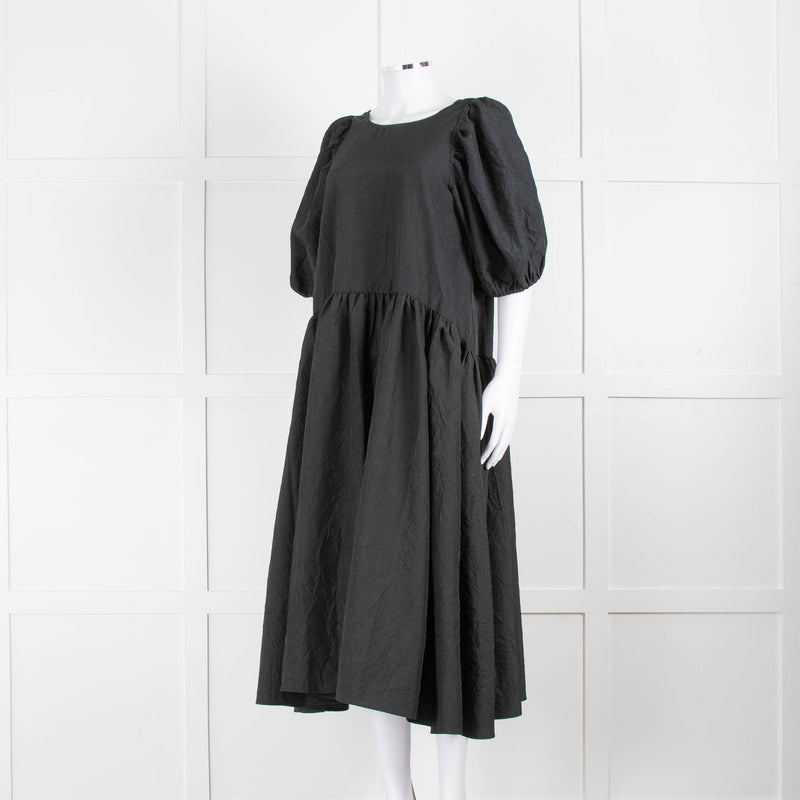 Stine Goya Black Crinkle Tiered Puff Sleeve Midi Dress