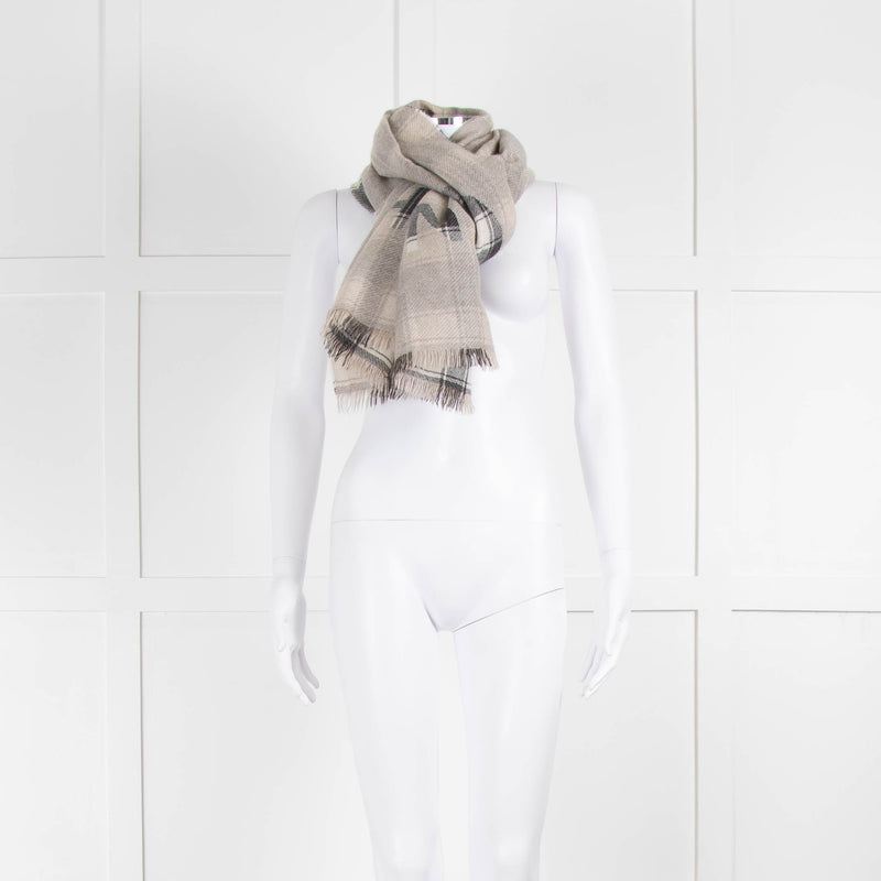 Chanel Oatmeal and Grey Check Logo Cashmere Scarf