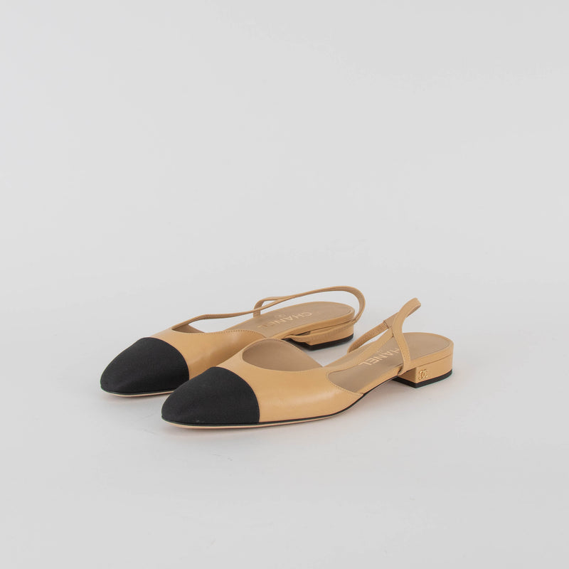 Chanel Beige Flat Slingback with Black Grosgrain Toe Cap