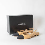 Chanel Beige Flat Slingback with Black Grosgrain Toe Cap