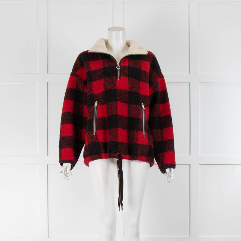 Isabel Marant Red and Black Check Half Zip Jumper