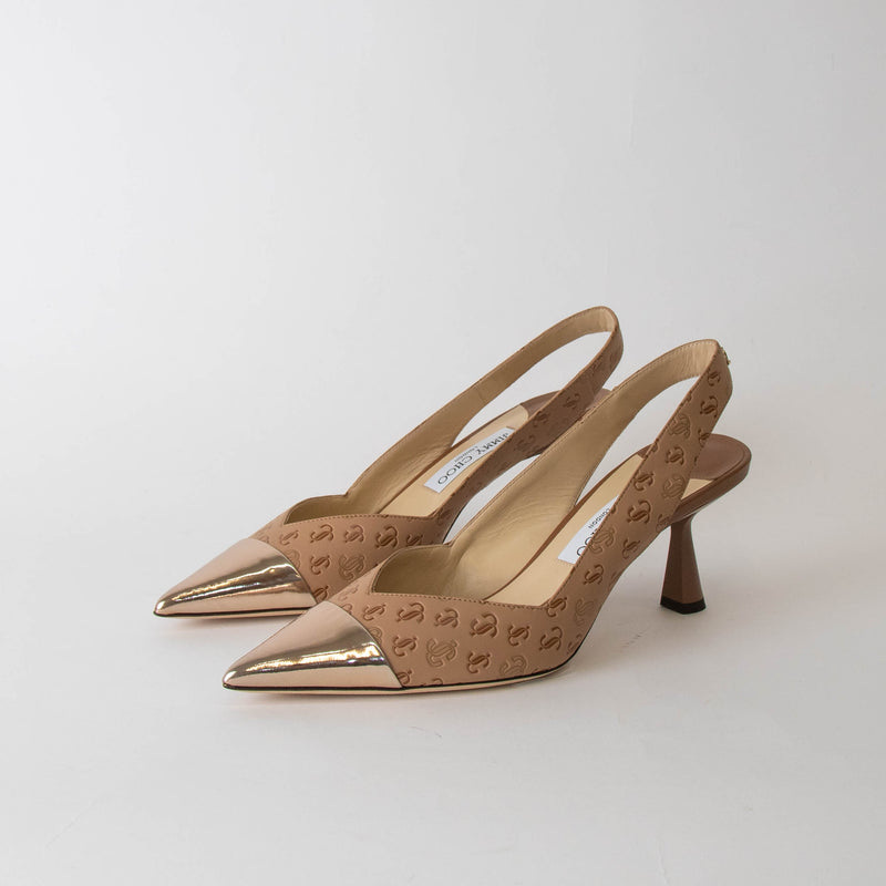 Jimmy Choo Beige Sunkissed Caramel Liya Pointed Slingback with Embossed Logo