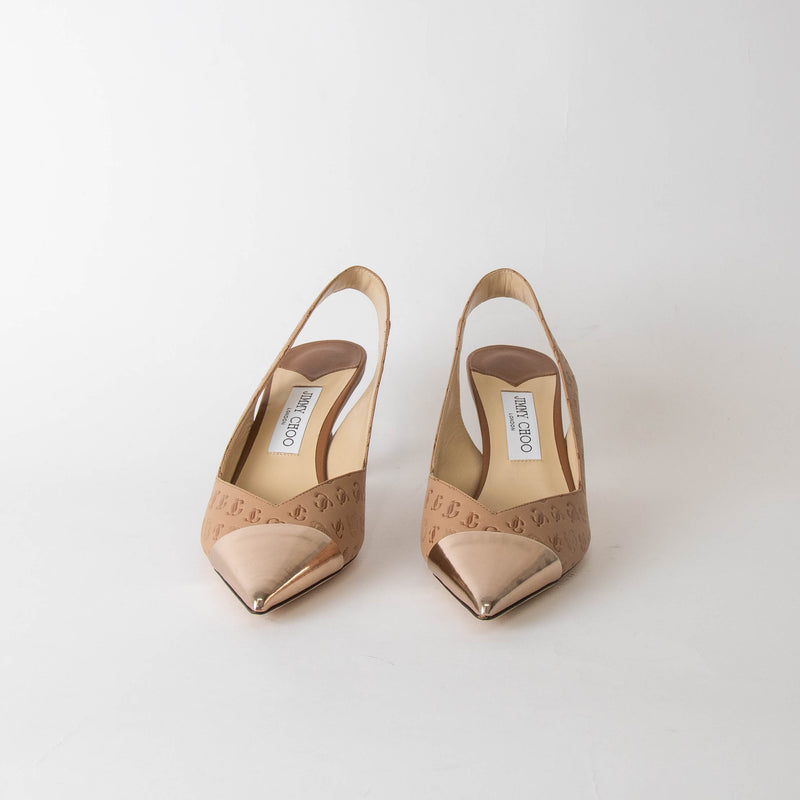 Jimmy Choo Beige Sunkissed Caramel Liya Pointed Slingback with Embossed Logo