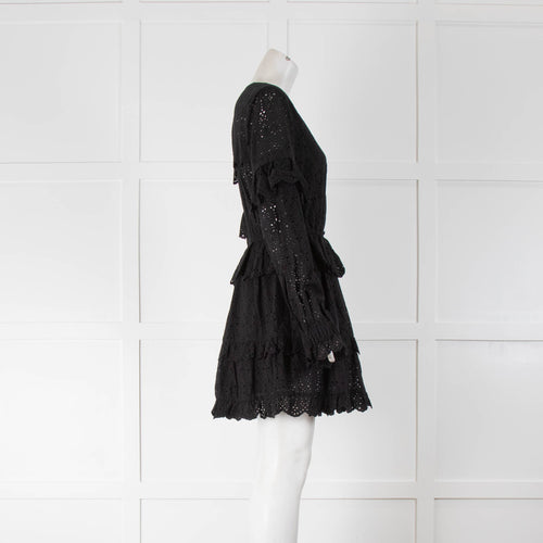 SIR Black Broderie Anglaise Ruffle Long Sleeve Mini Dress