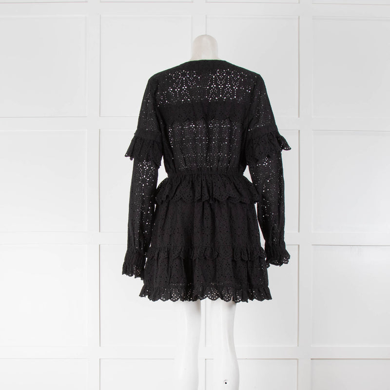 SIR Black Broderie Anglaise Ruffle Long Sleeve Mini Dress