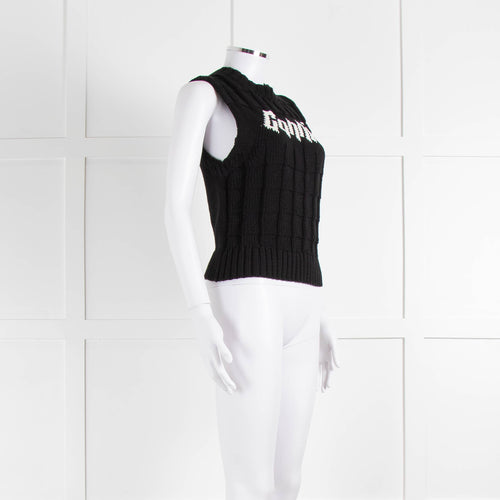 Ganni Black Cream Logo Cotton Blend Knitted Tank Top