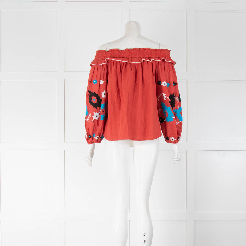 Misa Red Blue Black Embroidered Off The Shoulder Balloon Sleeve Top