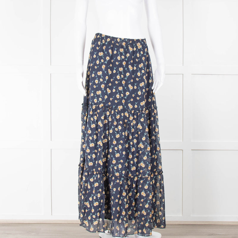 Ridley Navy Blue Yellow Floral Silk Maxi Skirt