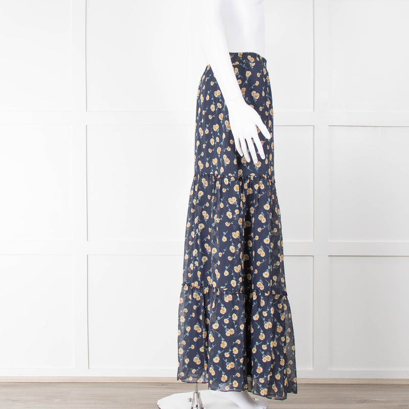 Ridley Navy Blue Yellow Floral Silk Maxi Skirt