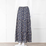 Ridley Navy Blue Yellow Floral Silk Maxi Skirt